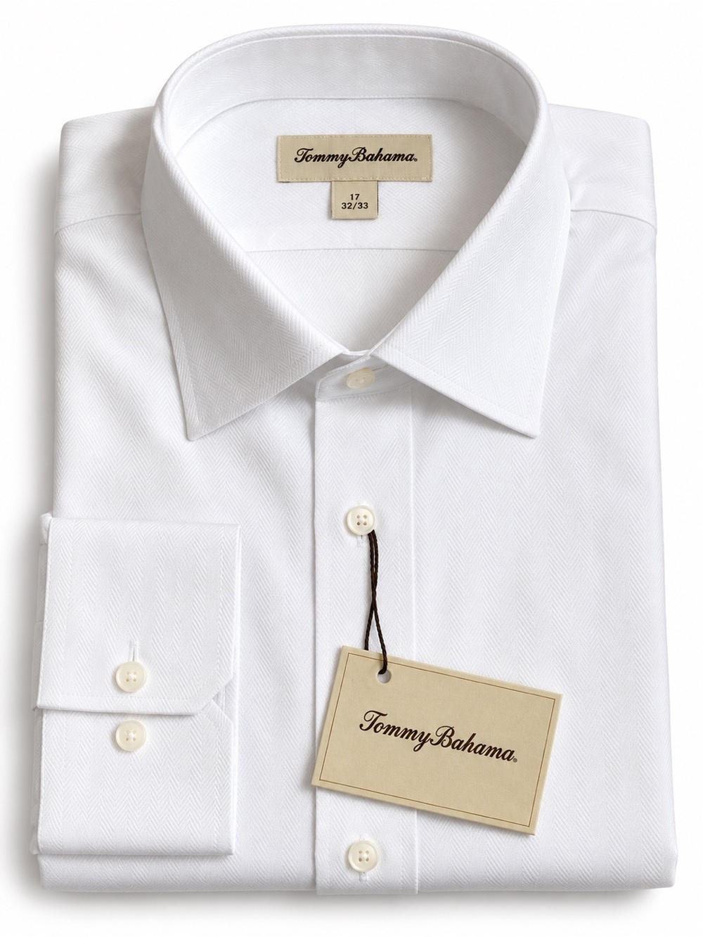 Tommy Bahama Mens 17 32/33 White Herringbone 100% Cotton Dress Shirt NWT